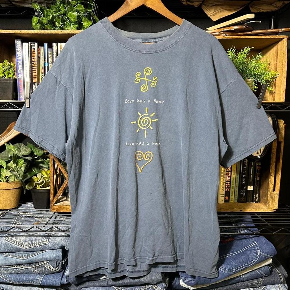 Vintage Y2K Jesus Tee Faded Blue Heart Graphic Christian Religion Shirt Mens XL